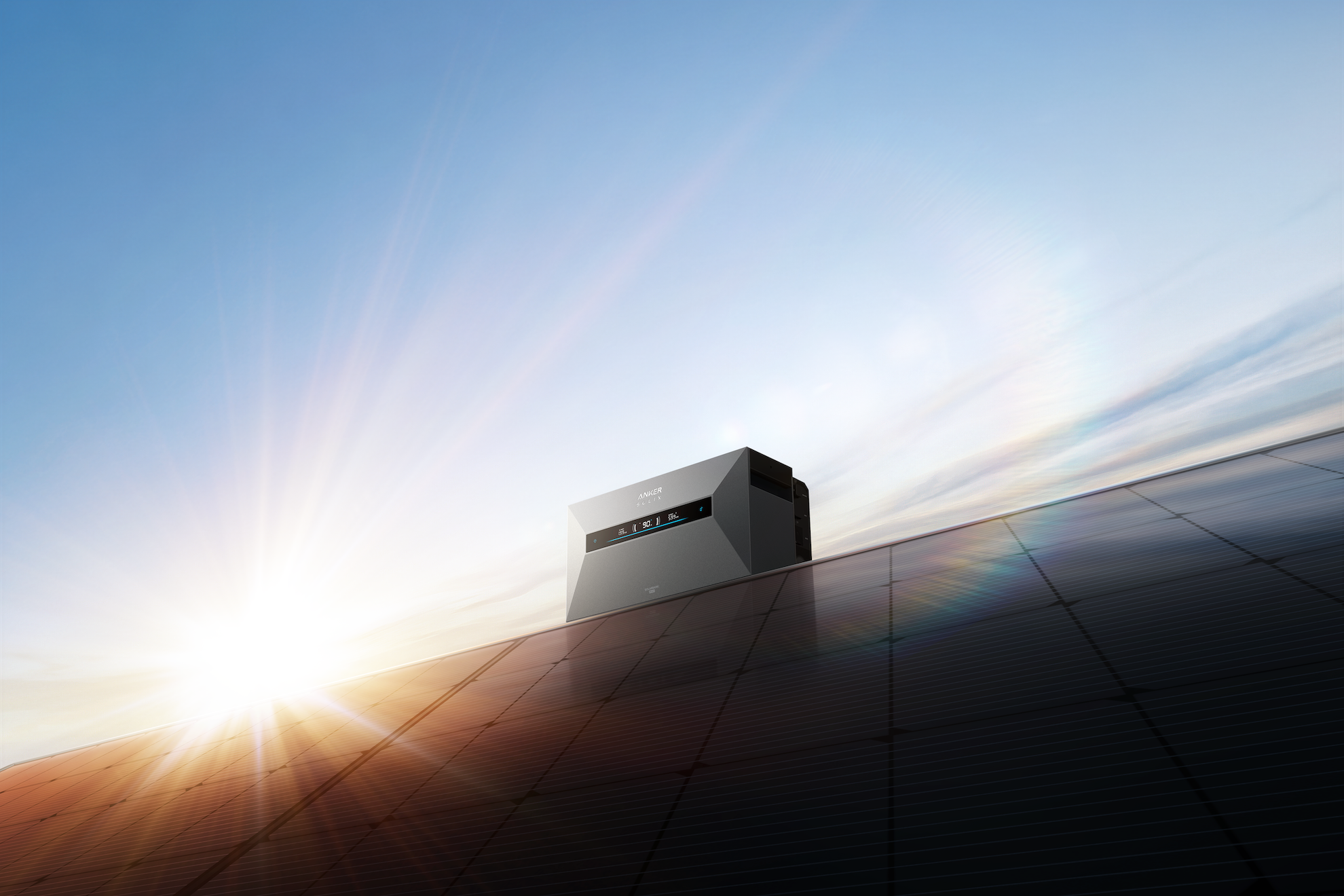 Modern air conditioner on a rooftop with a clear blue sky