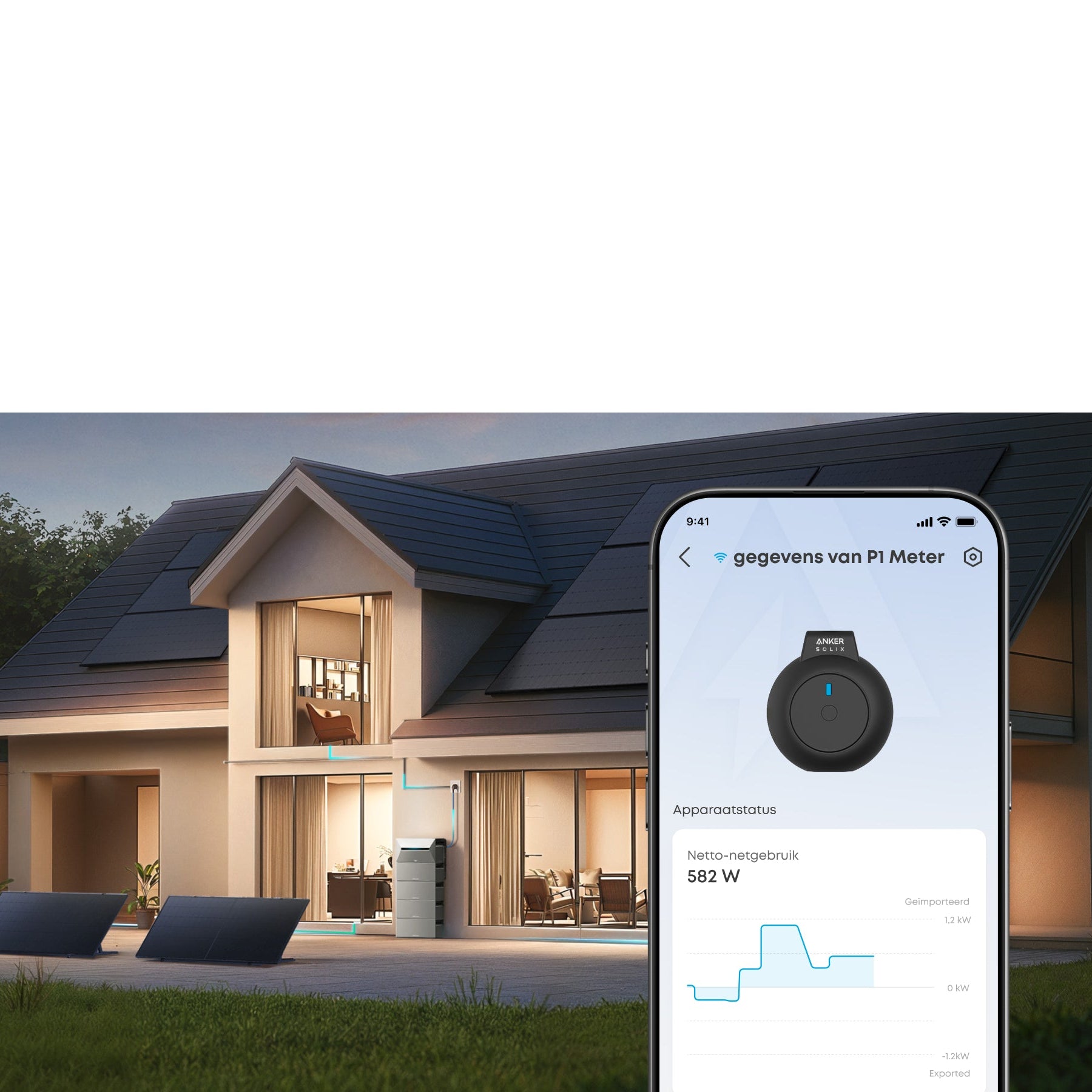 Smart home with a smartphone displaying energy monitoring app
