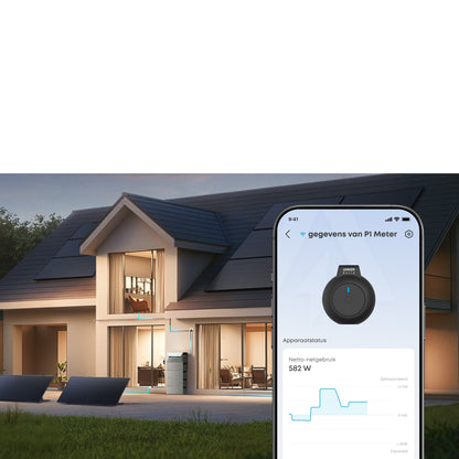 Smart home with a smartphone displaying energy monitoring app